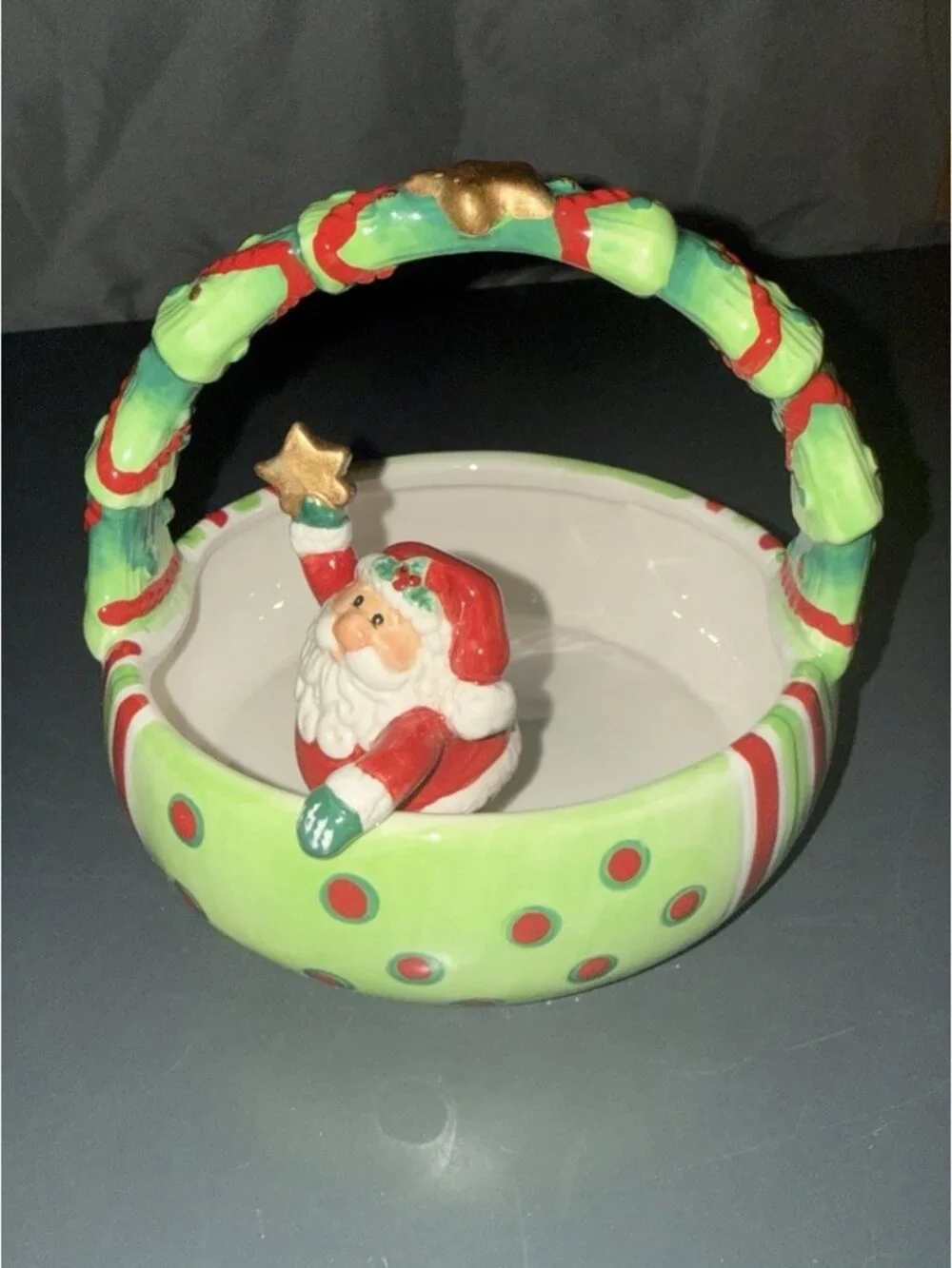 Fitz And Floyd Santa Claus Merry Christmas Basket 2006 Ceramic Candy Dish Vintag